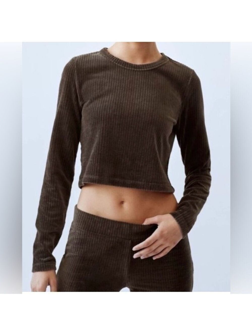 Sunday Best Suri Brown Velour Ribbed Long Sleeve Top Soft Size XS